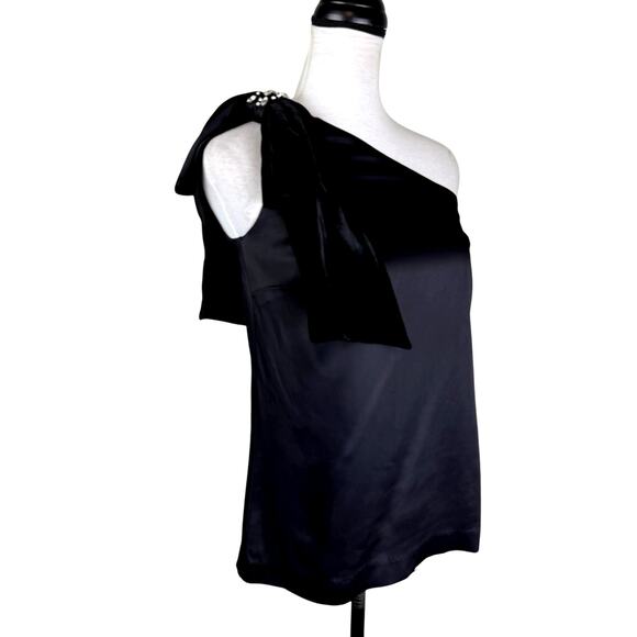 W by Worth Black Velvet Bow Rhinestone One Shoulder Satin Flirty Night Out Top - Picture 6 of 10